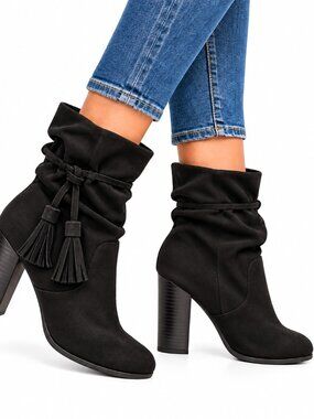 A+ Boots Womens 7 Black Faux Suede Slouch Tassel Block Heel Pull On Booties